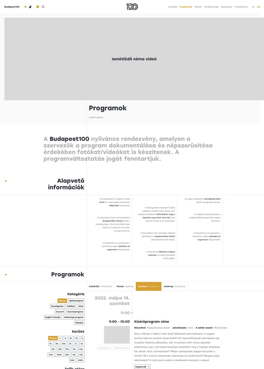 Budapest100 web app UX/UI redesign and development page - Programs cropped