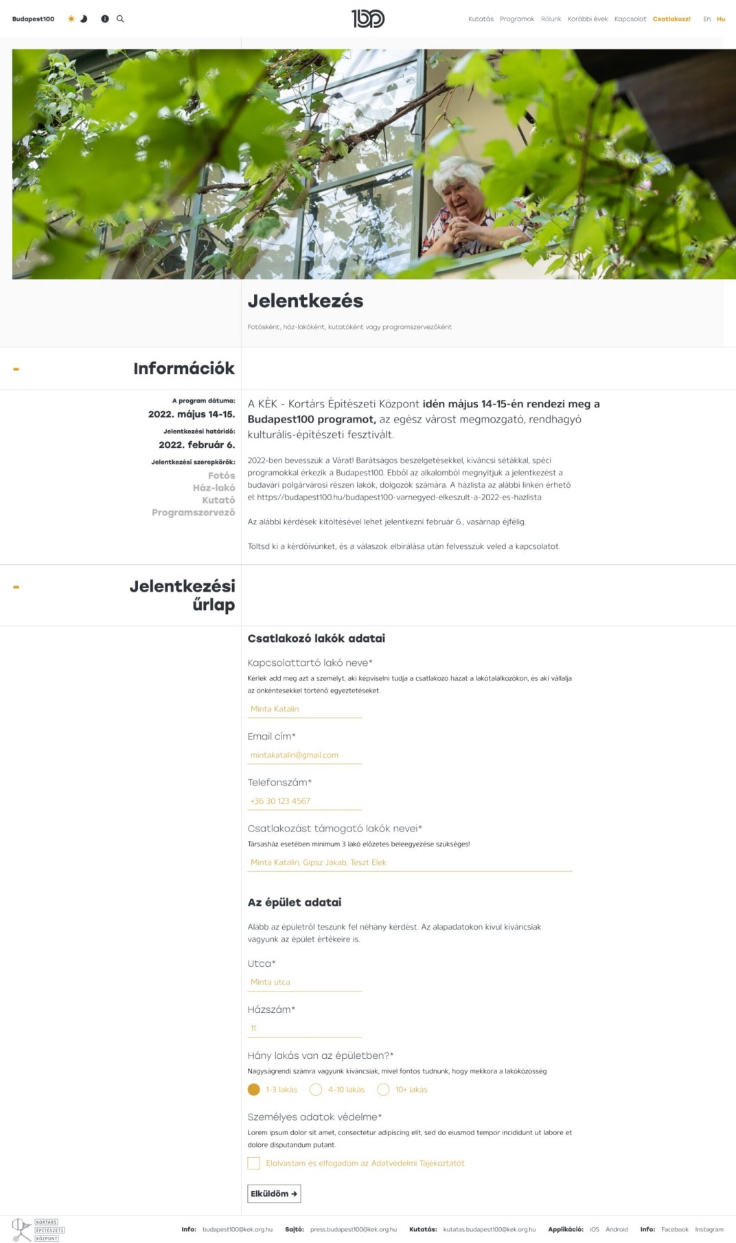 Budapest100 web app UX/UI redesign and development page - Csatlakozz urlap cropped