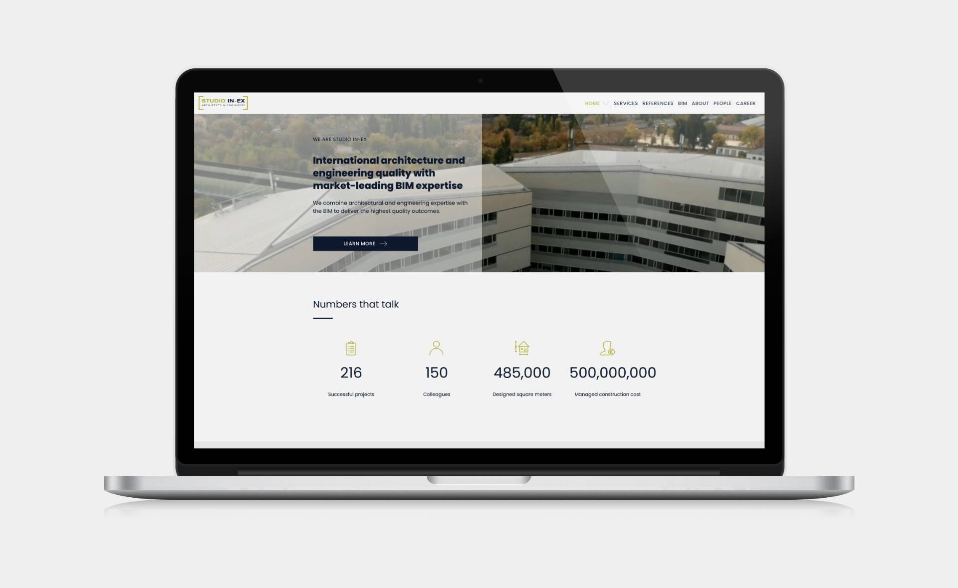 Business website design and development for STUDIO IN-EX Zrt. Home page on desktop