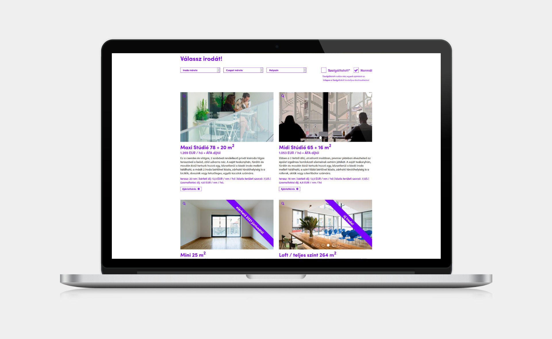 Custom designed webportal development for Loffice Serviced offices page on desktop