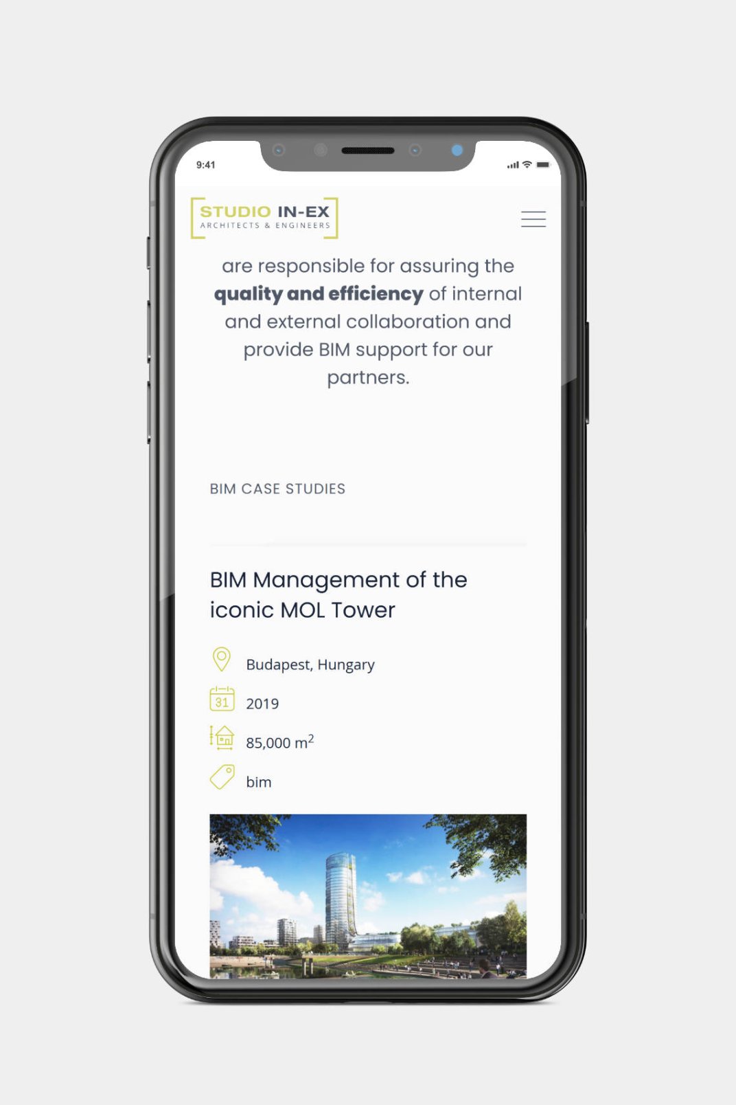 Business website design and development for STUDIO IN-EX Zrt. BIM page on phone