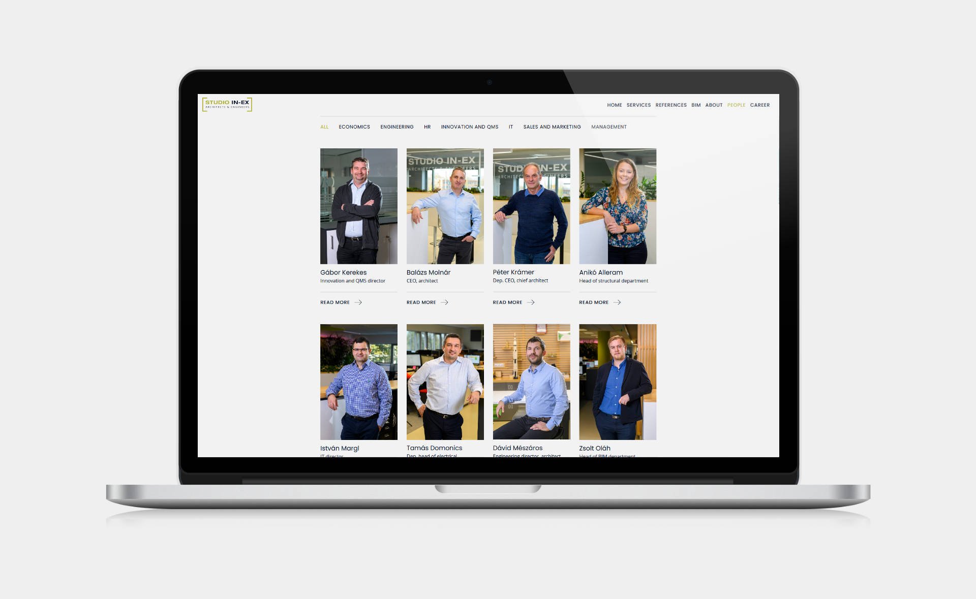 Business website design and development for STUDIO IN-EX Zrt. People page on desktop
