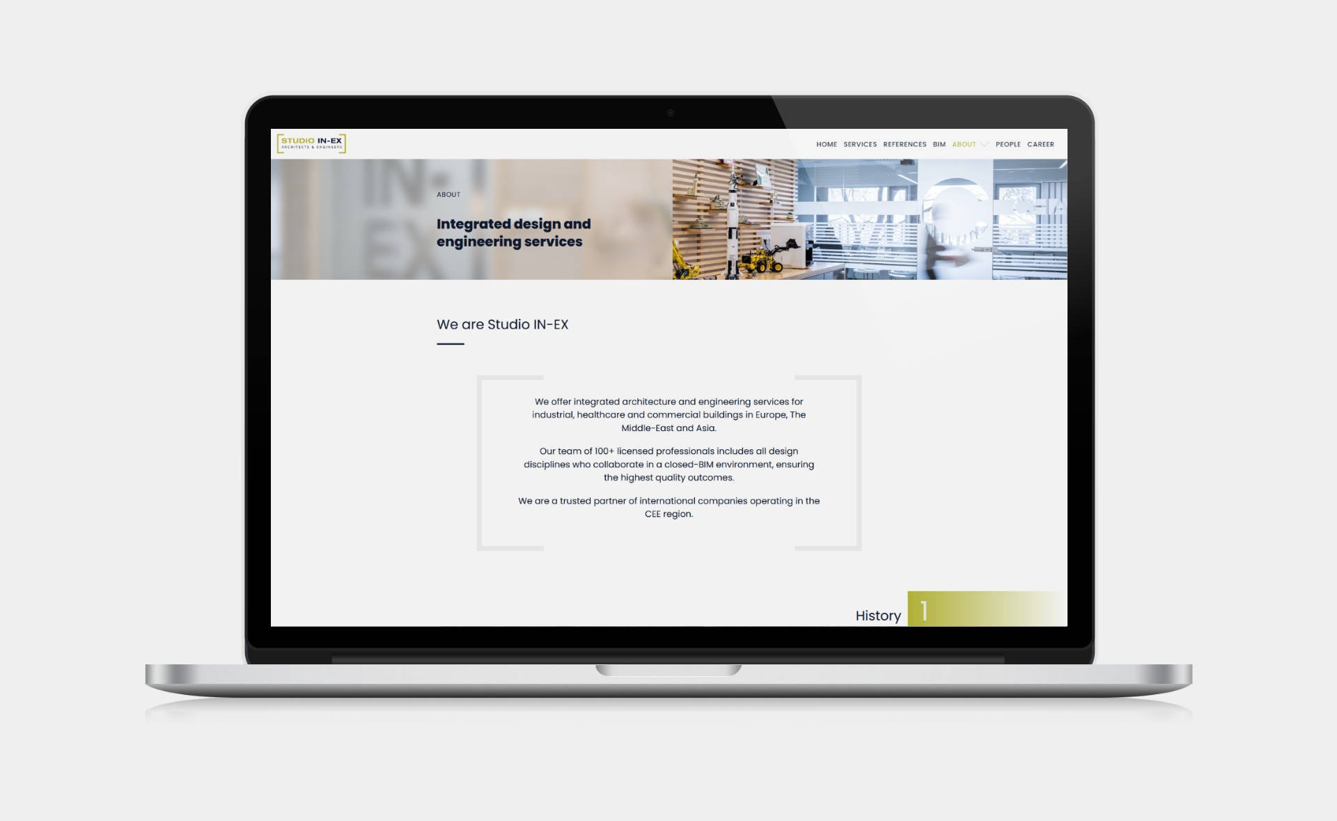 Business website design and development for STUDIO IN-EX Zrt. About page on desktop