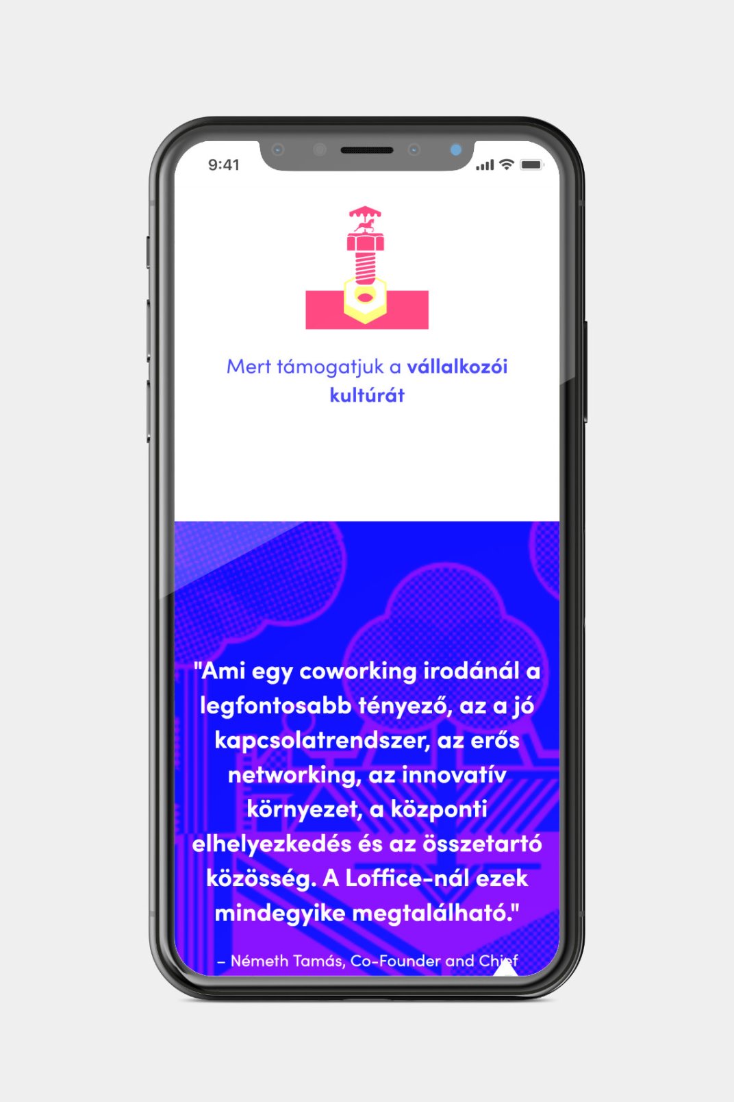 Custom designed webportal development for Loffice About page on phone