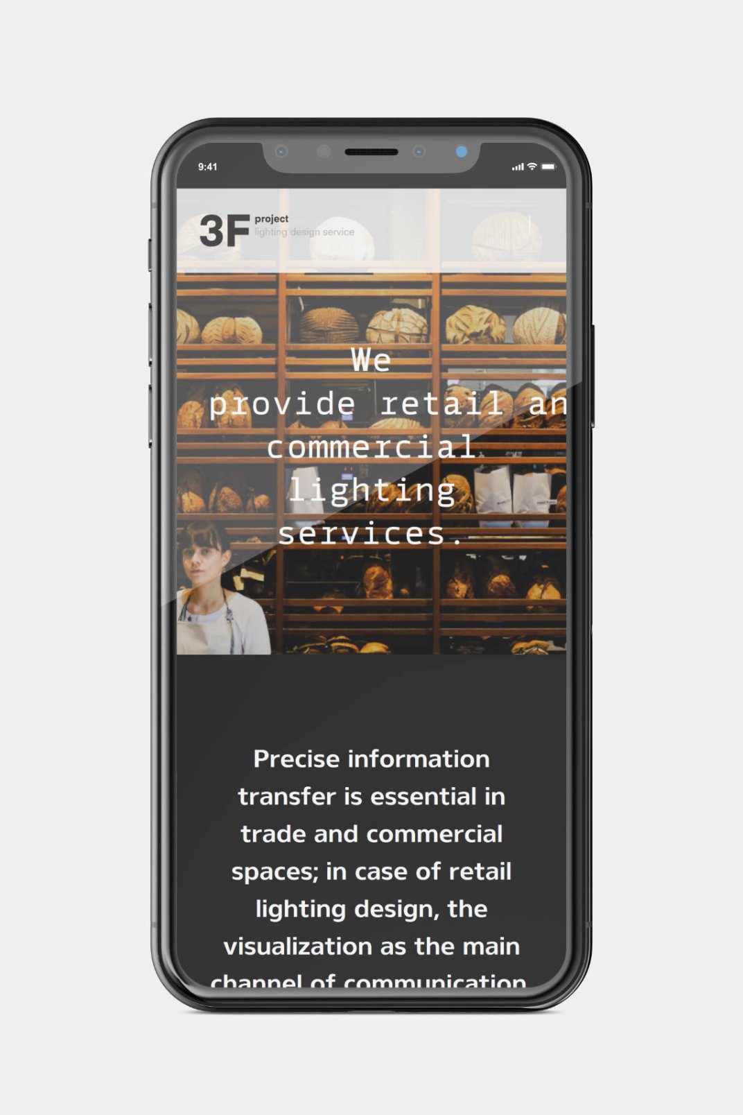 Landing page design, and bespoke WordPress website building for 3F Project's retail lighting service home page on phone