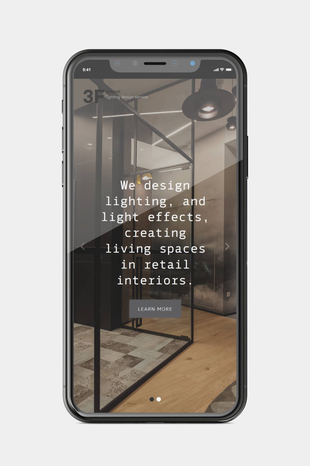 Landing page design, and bespoke WordPress website building for 3F Project's retail lighting service home page on phone