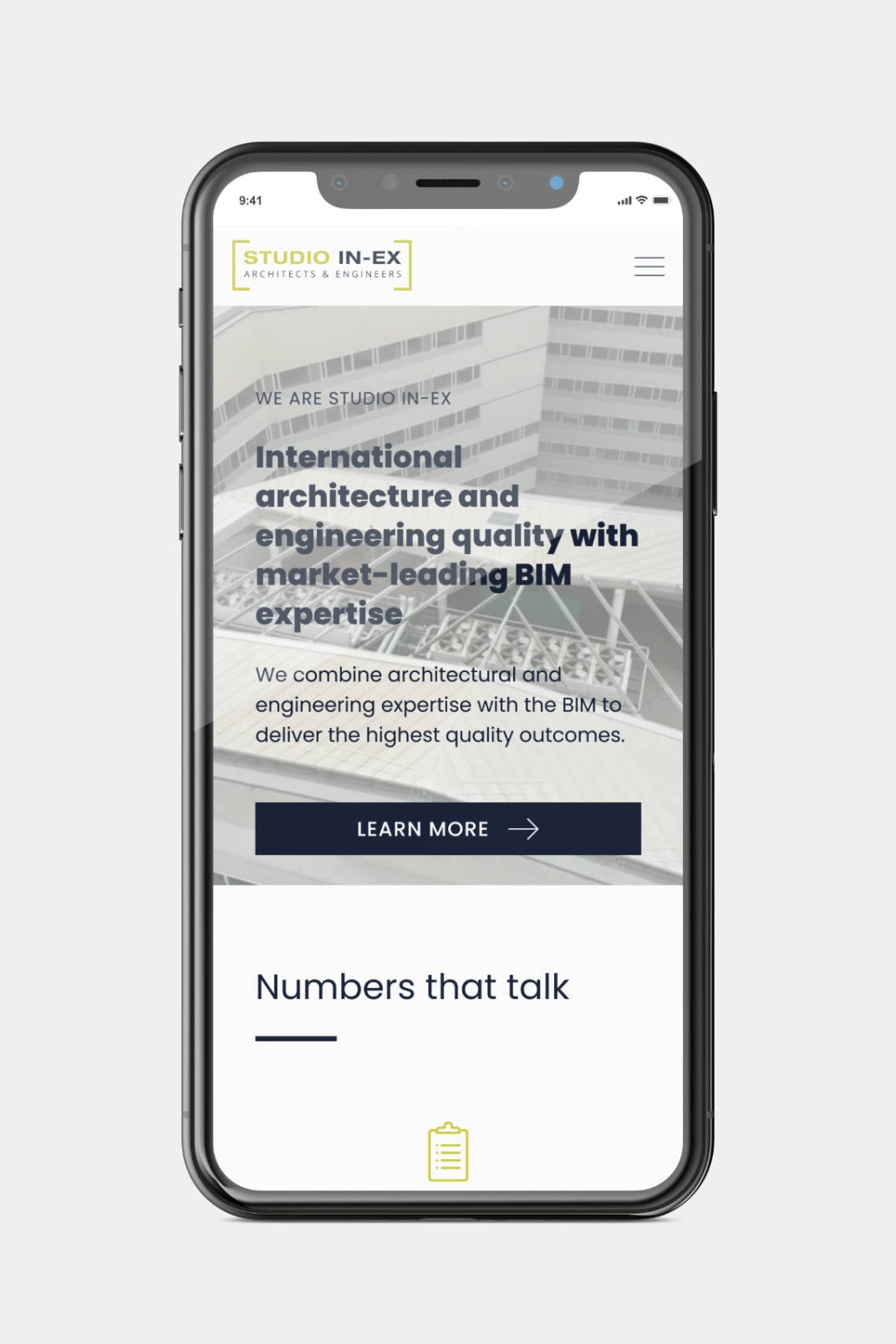 Business website design and development for STUDIO IN-EX Zrt. Home page on phone