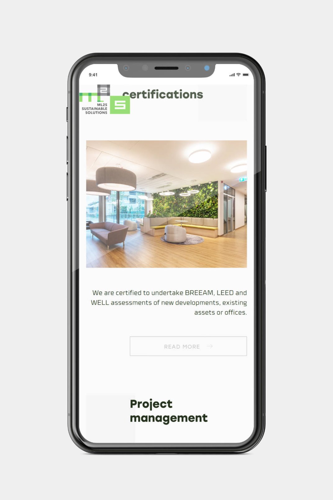 Web design, and web development for ML2S Sustainable Solutions Services page on phone