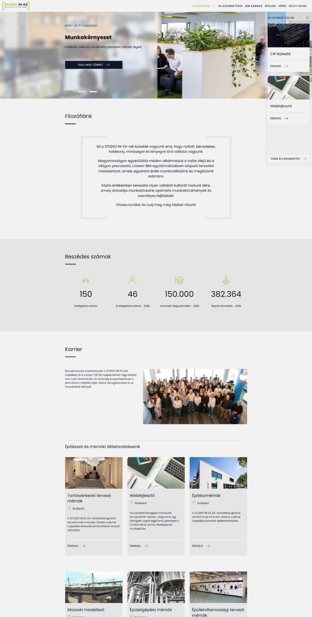 Career portal design and development for STUDIO IN-EX Zrt. Home page screen