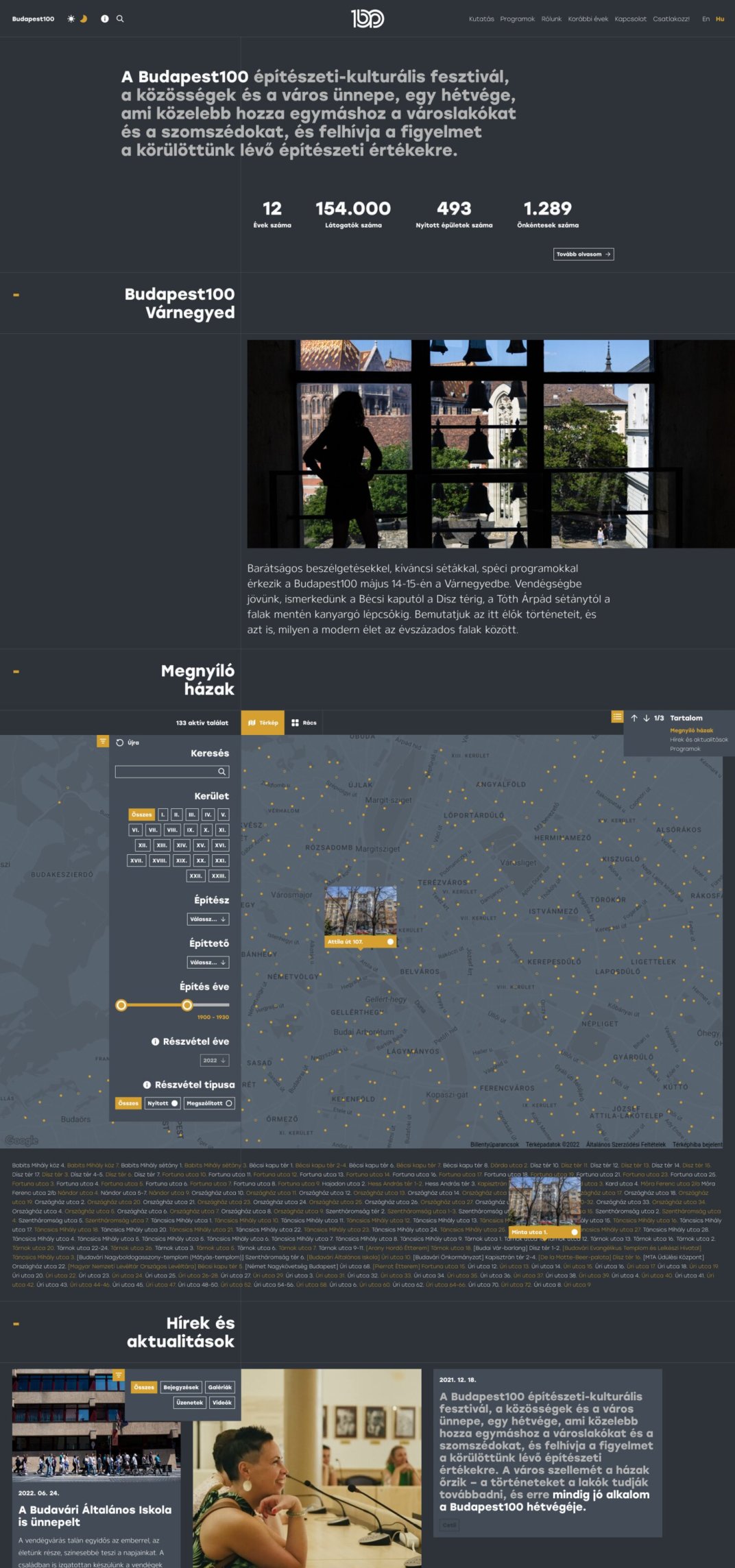 Budapest100 web app UX/UI redesign and development page - Home cropped dark