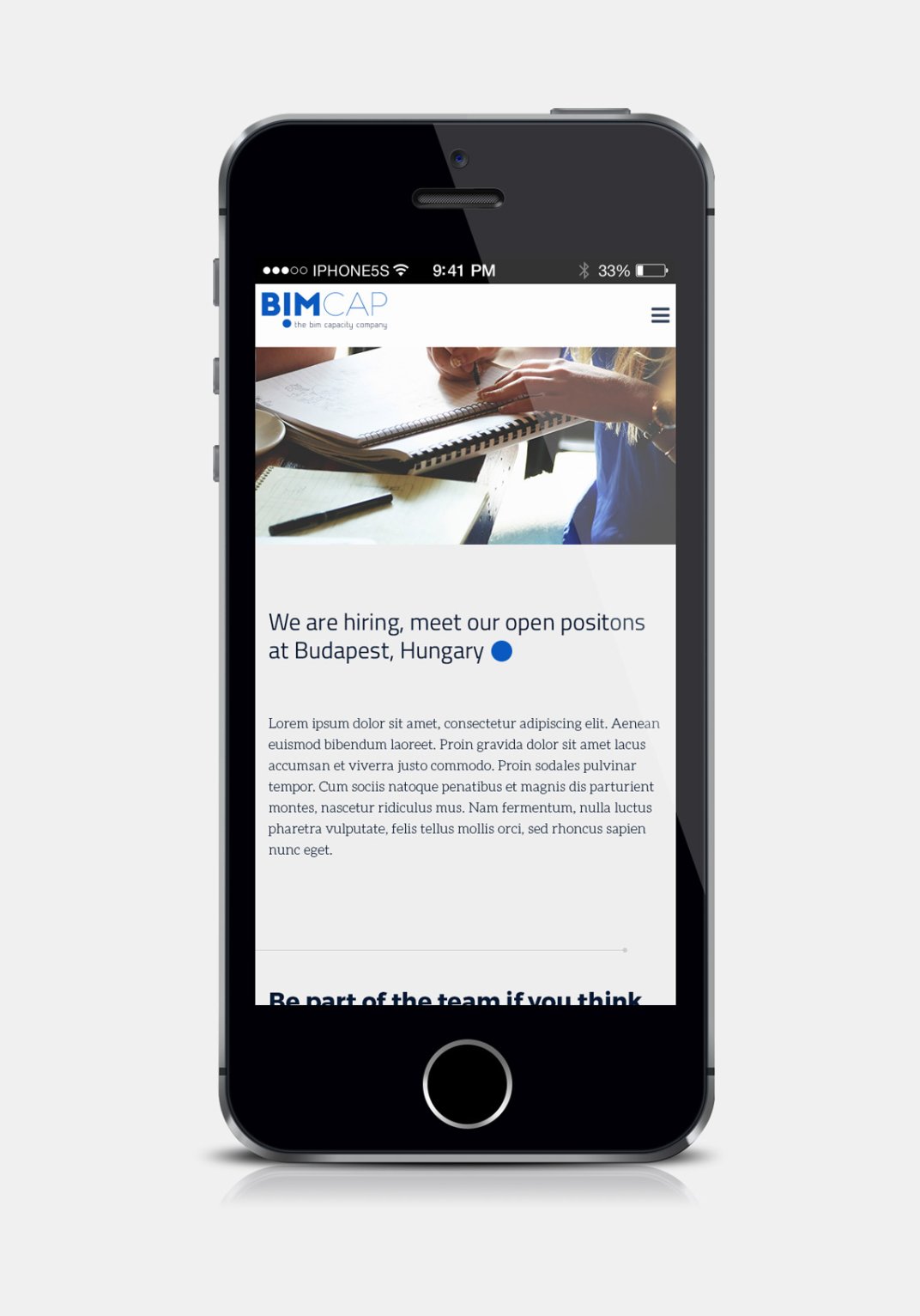 BIMCAP responsive web design open positions page on phone