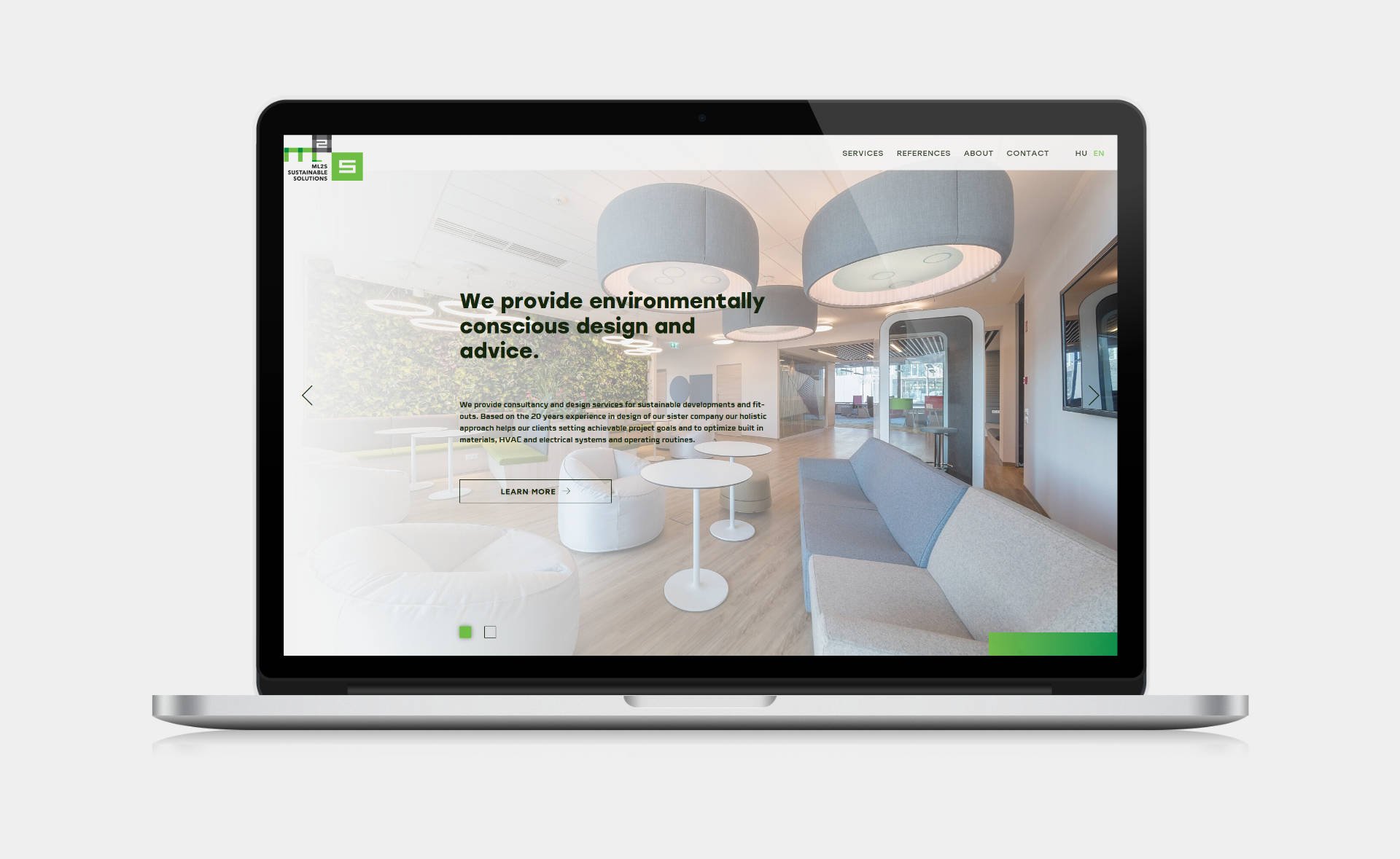 Web design, and web development for ML2S Sustainable Solutions Home page on desktop