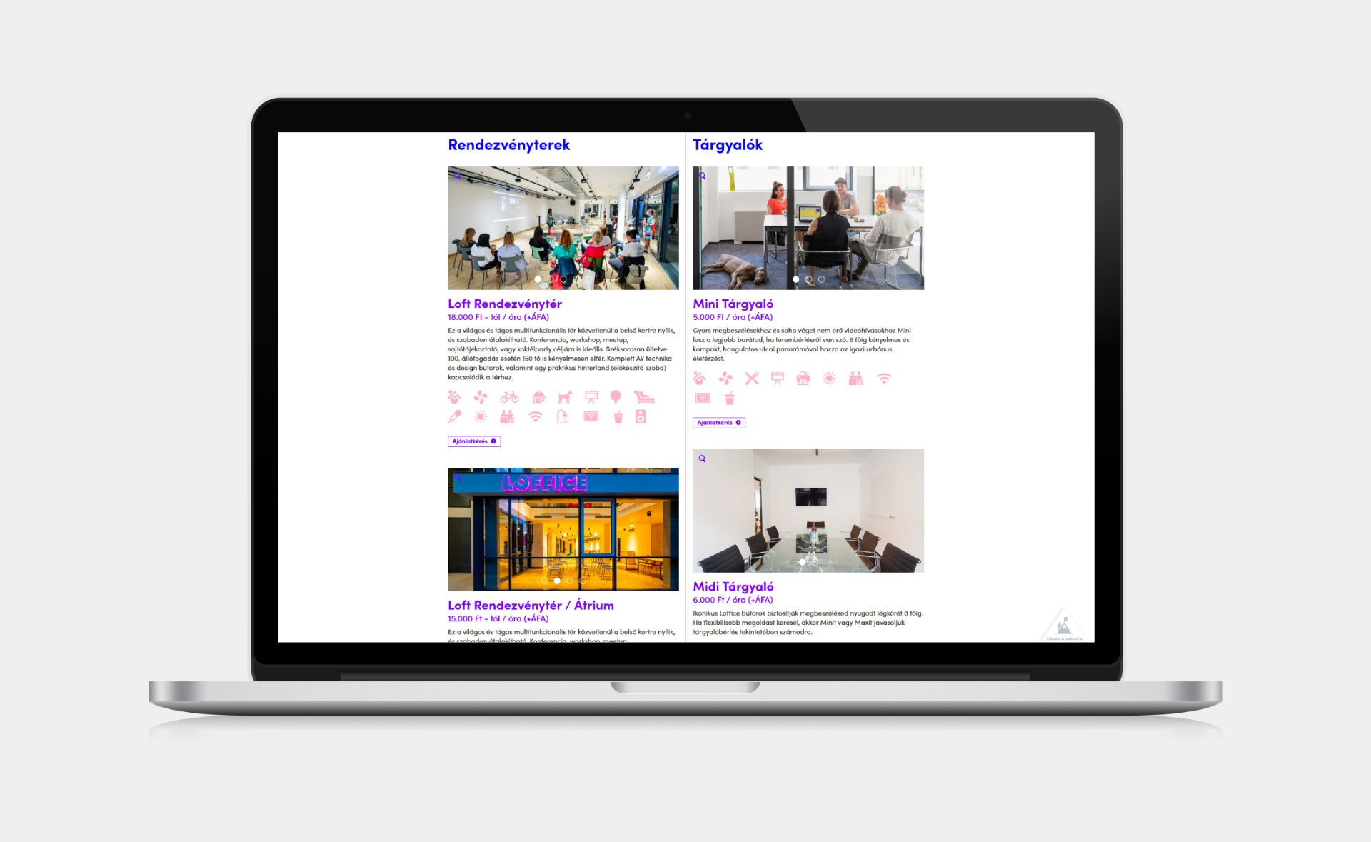Custom designed webportal development for Loffice Event spaces page on desktop