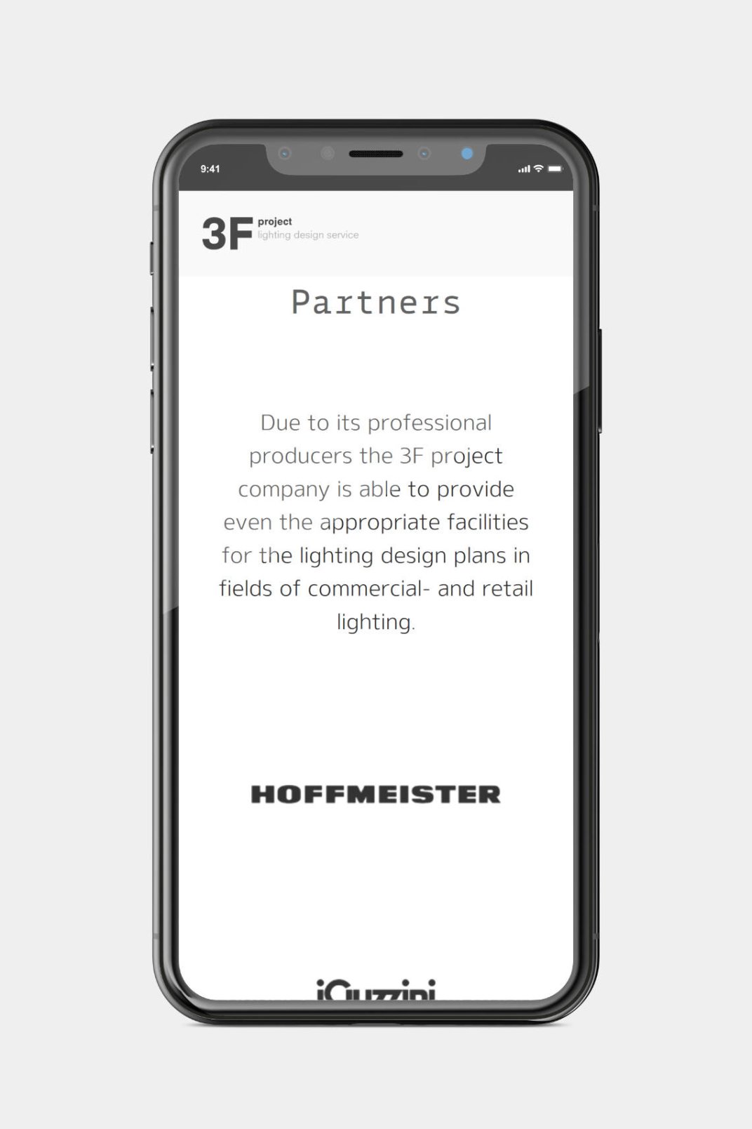 Landing page design, and bespoke WordPress website building for 3F Project's retail lighting service home page on phone