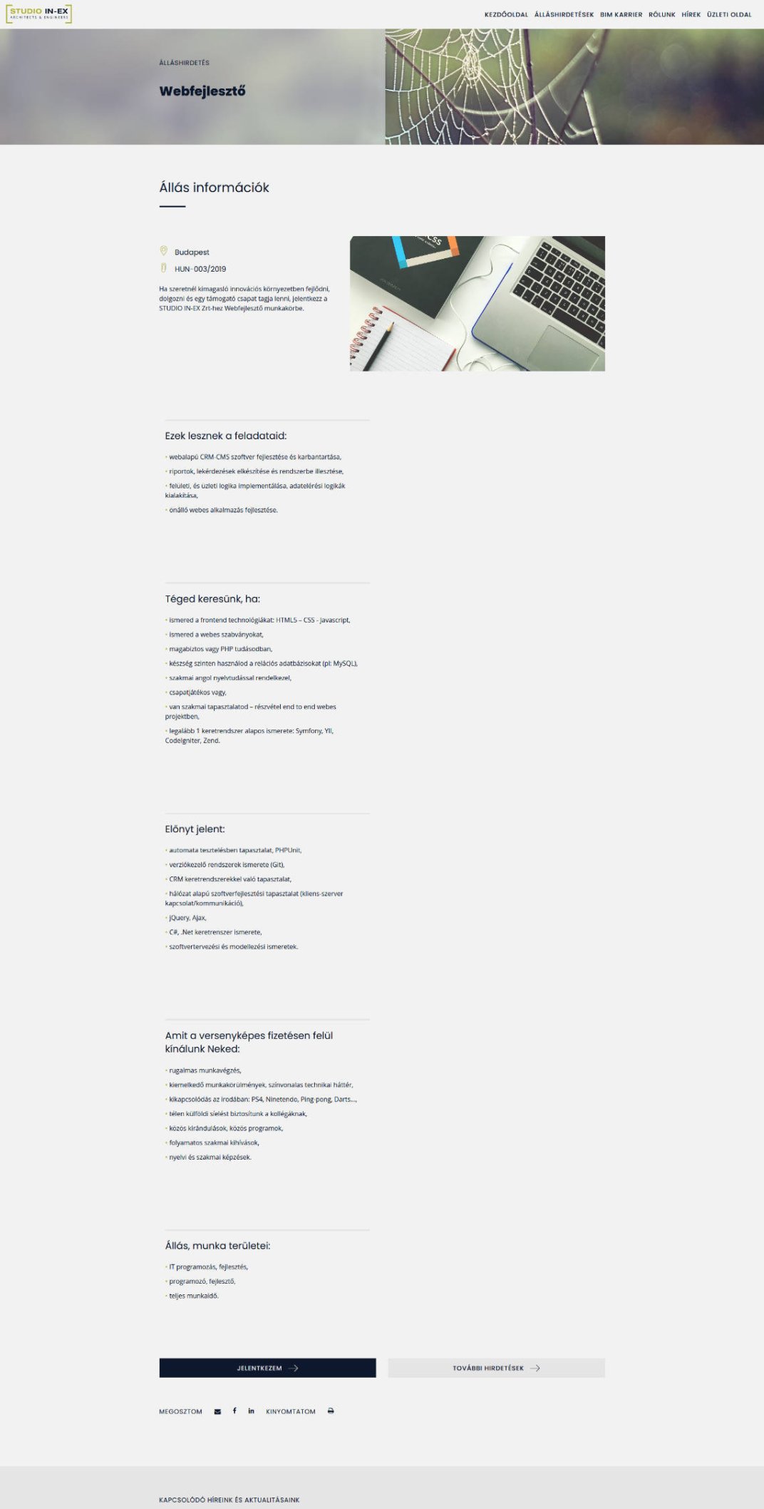 Career portal design and development for STUDIO IN-EX Zrt. Álláshirdetés page screen