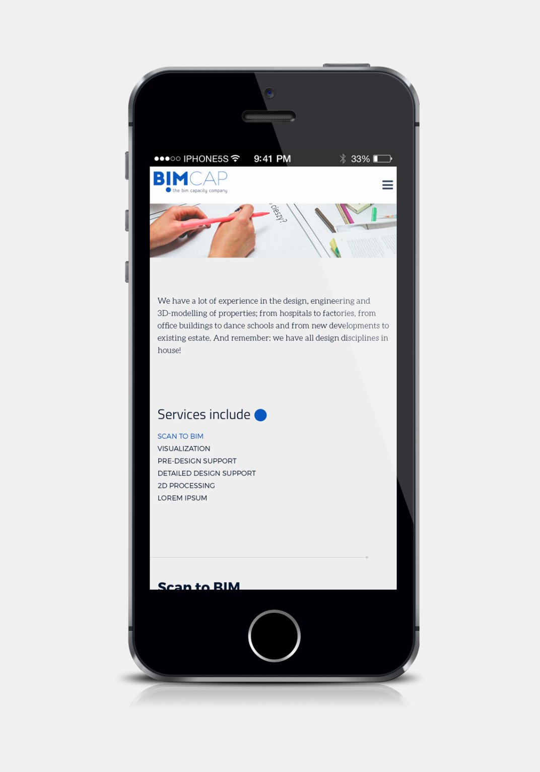 BIMCAP responsive web design services page on phone