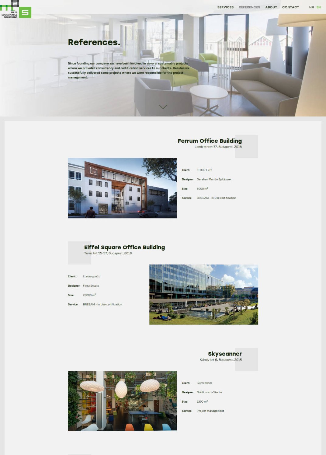 Web design, and web development for ML2S Sustainable Solutions References page screen