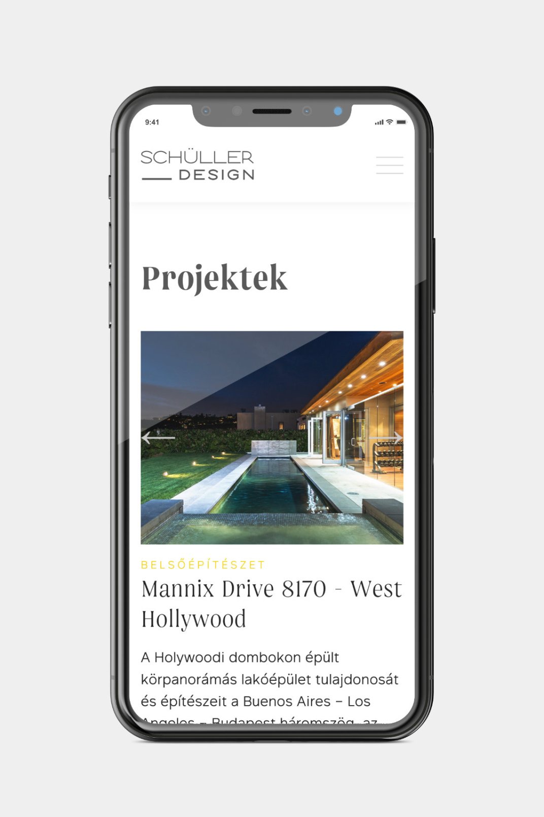 Web design and web development for SCHÜLLER ÉS TÁRSAI design studio projects page on phone