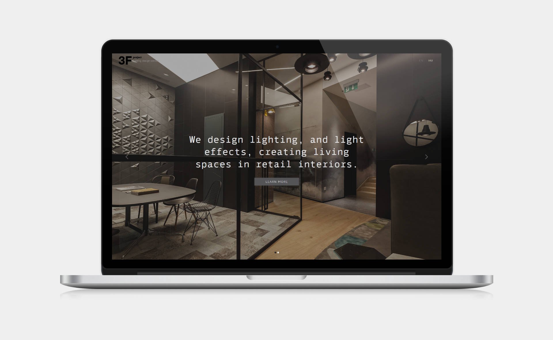 Landing page design, and bespoke WordPress website building for 3F Project's retail lighting service home page on desktop
