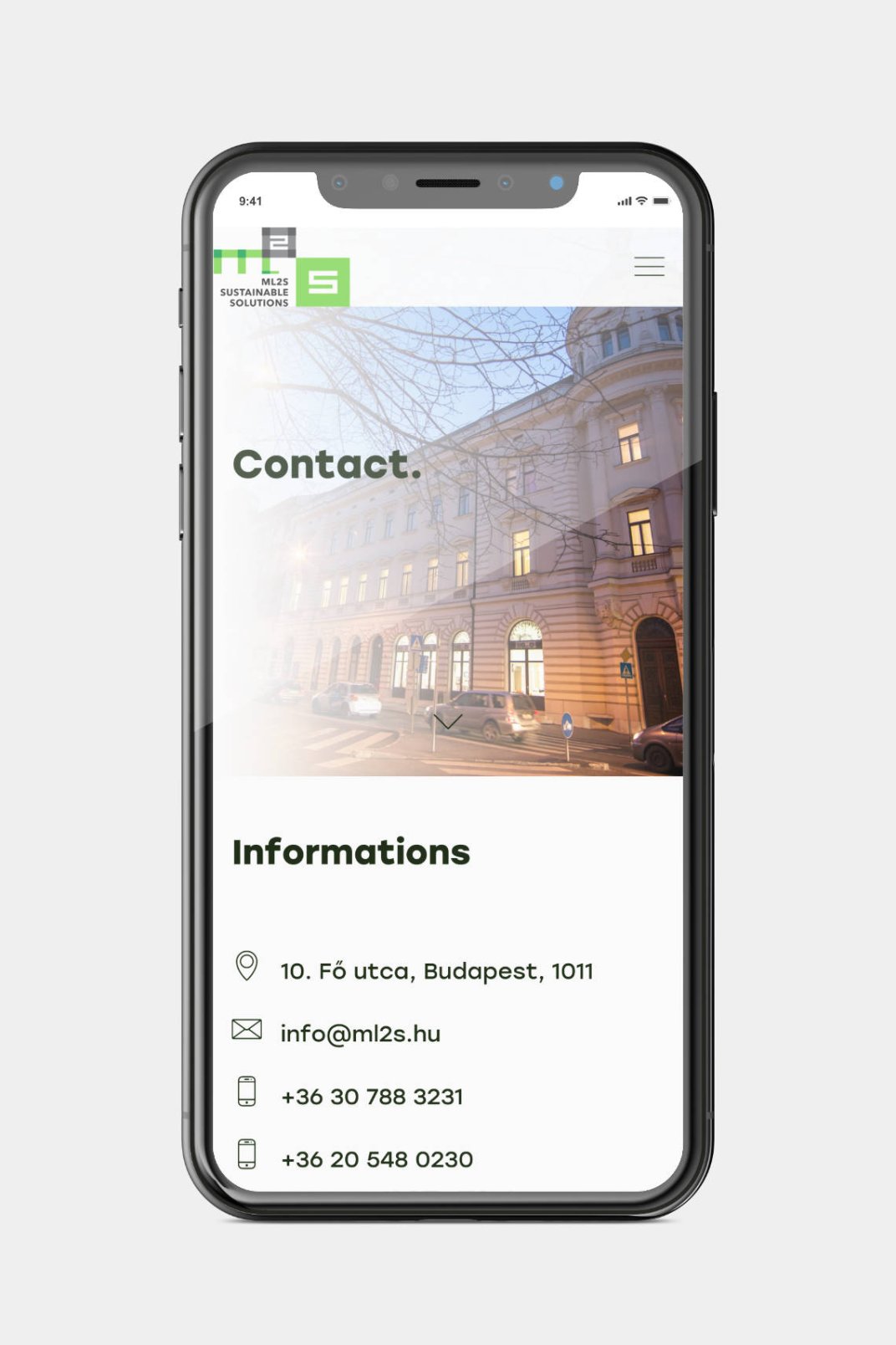 Web design, and web development for ML2S Sustainable Solutions Contact page on phone