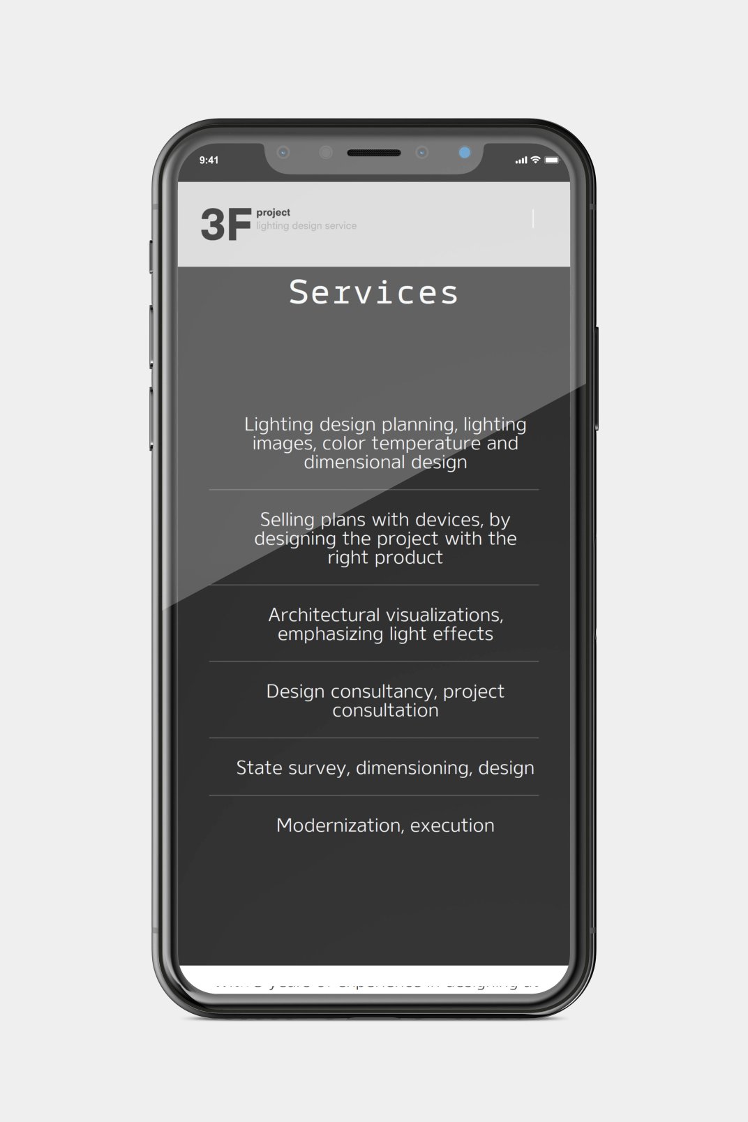 Landing page design, and bespoke WordPress website building for 3F Project's retail lighting service home page on phone