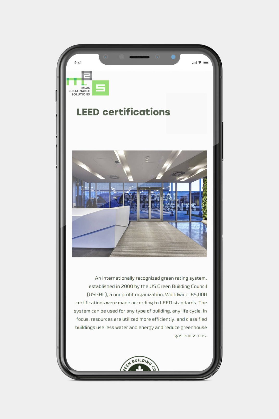 Web design, and web development for ML2S Sustainable Solutions Services page on phone