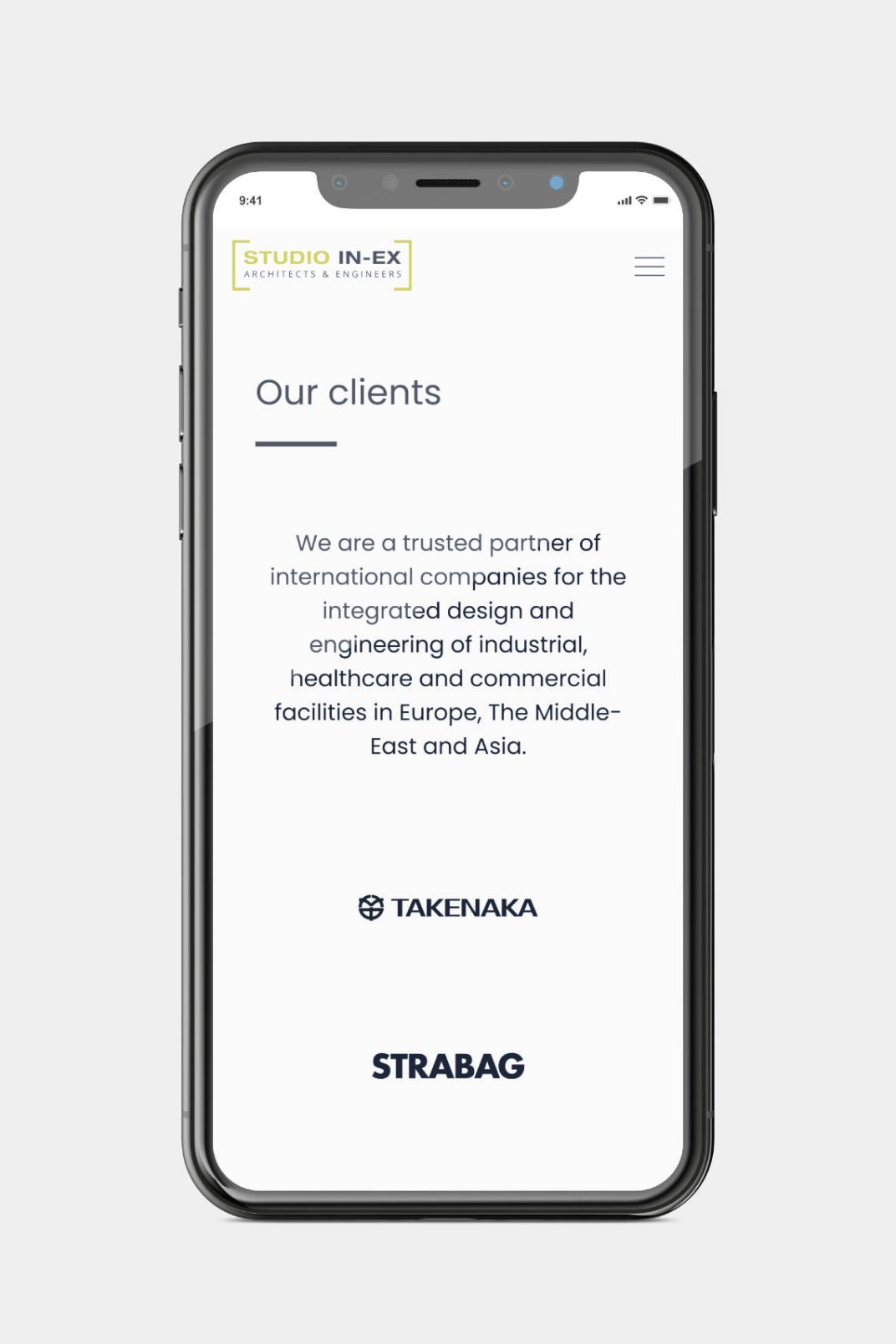 Business website design and development for STUDIO IN-EX Zrt. Home page on phone