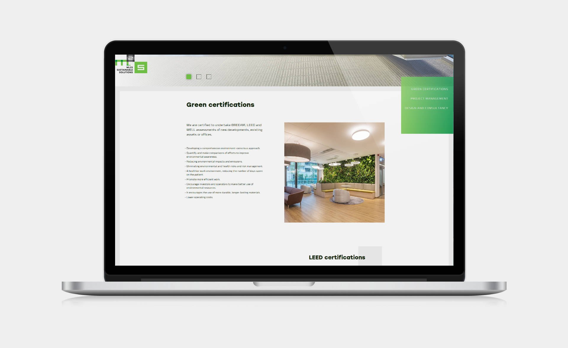 Web design, and web development for ML2S Sustainable Solutions Services page on desktop