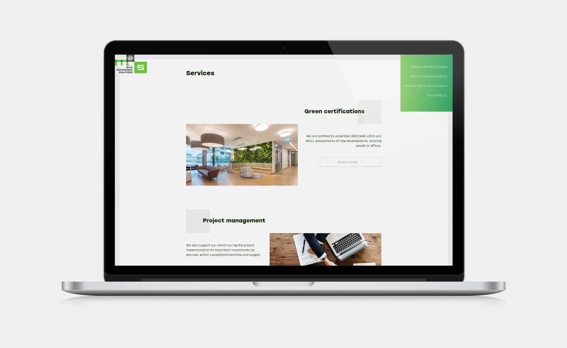 Web design, and web development for ML2S Sustainable Solutions Home page on desktop