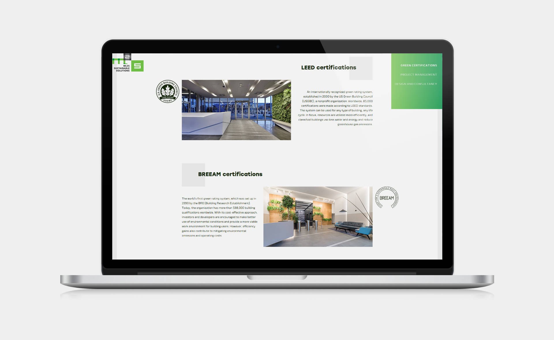 Web design, and web development for ML2S Sustainable Solutions Services page on desktop
