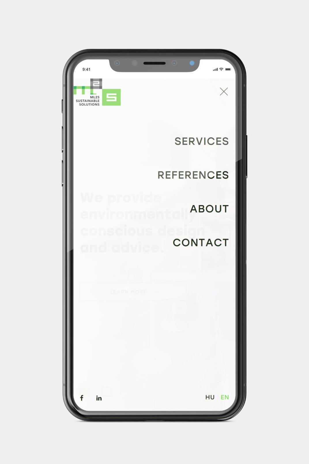Web design, and web development for ML2S Sustainable Solutions menu on phone