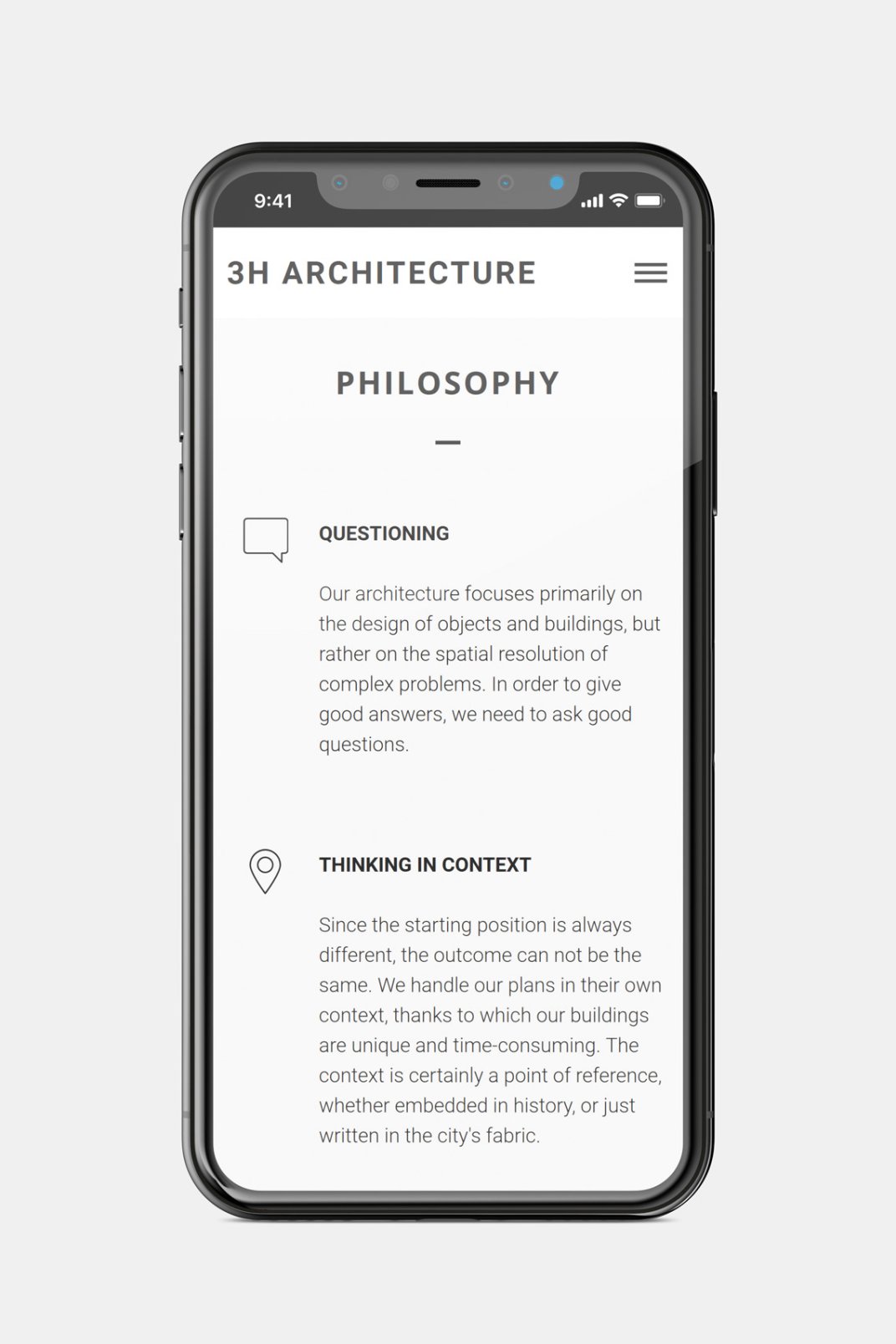 3h Architecture custom designed website development about page on phone