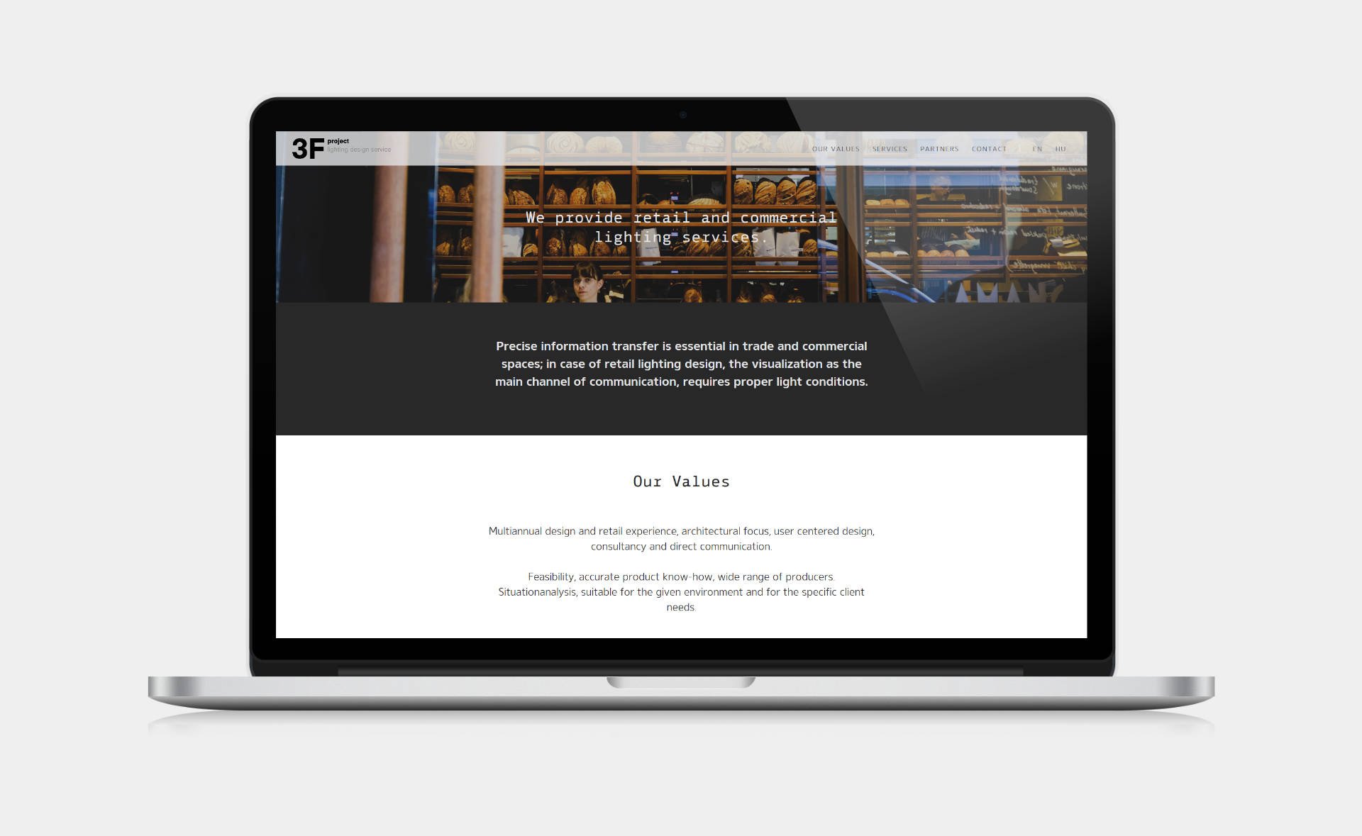 Landing page design, and bespoke WordPress website building for 3F Project's retail lighting service home page on desktop