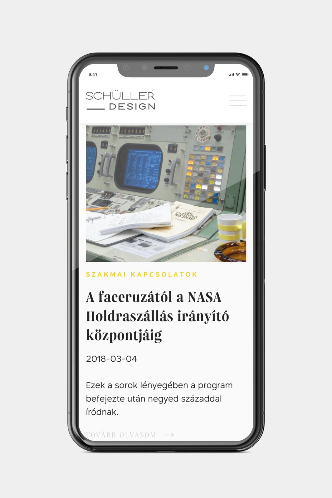 Web design and web development for SCHÜLLER ÉS TÁRSAI design studio blog page on phone