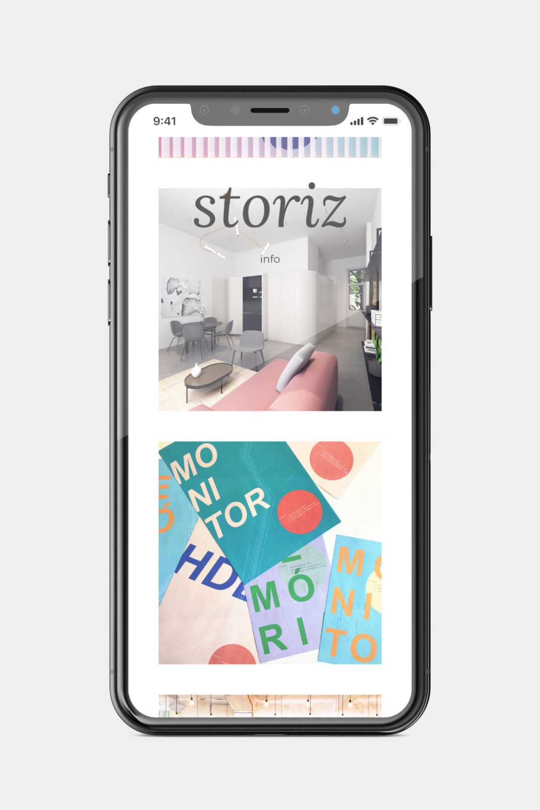 Custom designed website development for studio storiz Home page on phone
