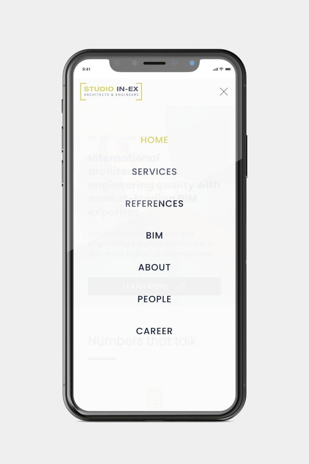 Business website design and development for STUDIO IN-EX Zrt. hamburger menu on phone