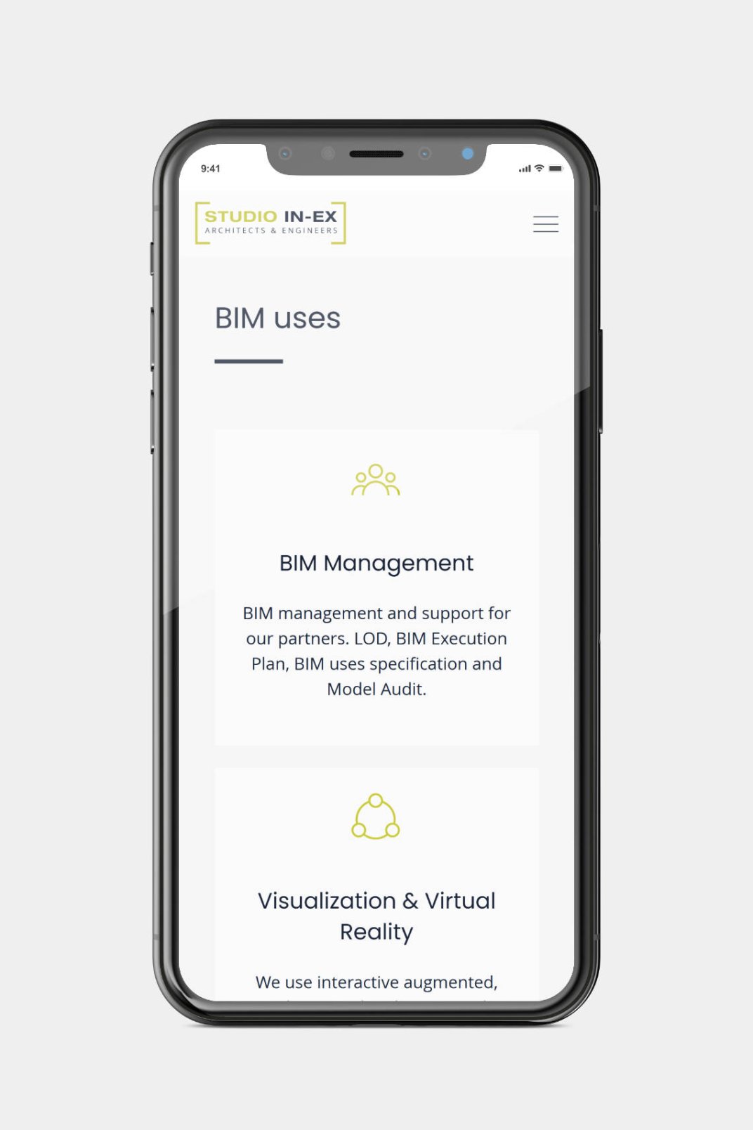Business website design and development for STUDIO IN-EX Zrt. BIM page on phone