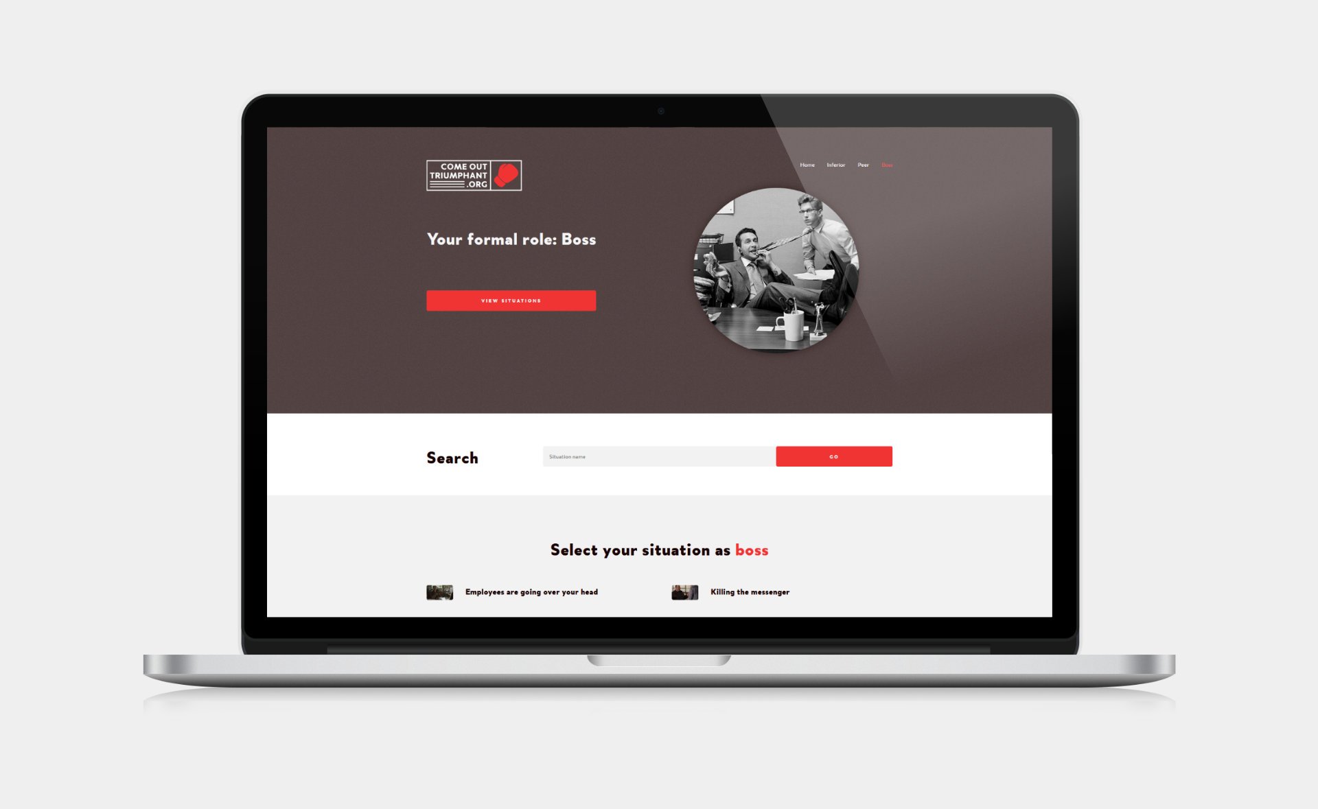 Web design and web development for ComeOutTriumphant.org Role: Boss page on desktop