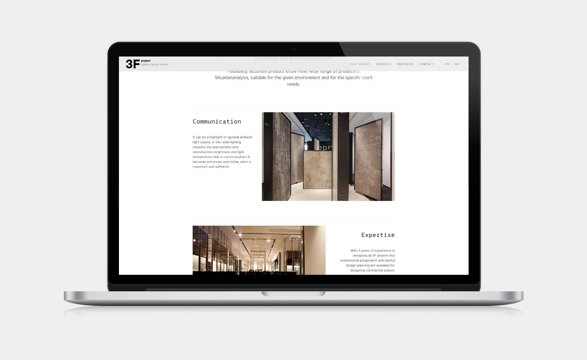 Landing page design, and bespoke WordPress website building for 3F Project's retail lighting service home page on desktop